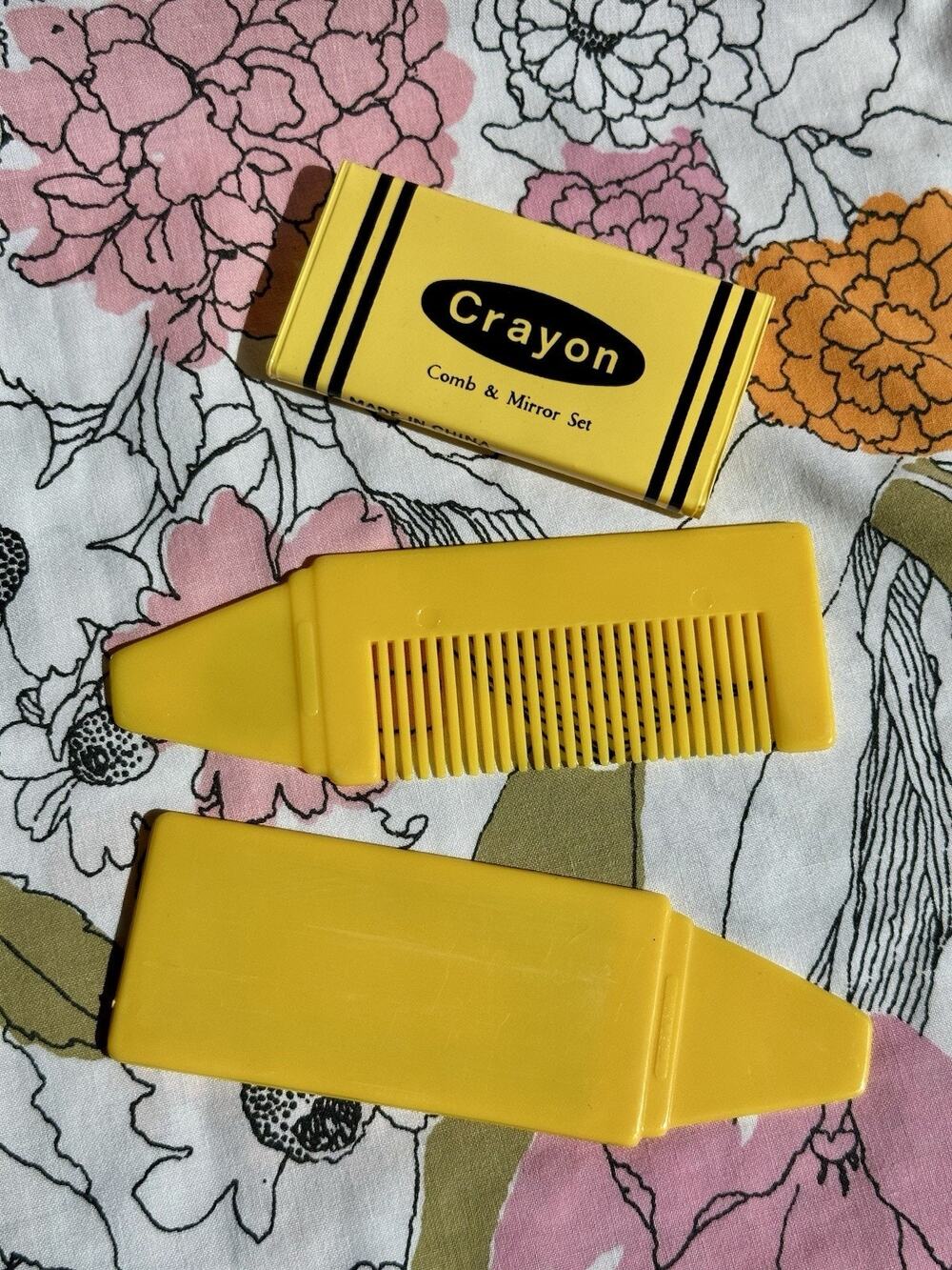 VTG 1980's Yellow Crayon Plastic Comb and Mirror Set